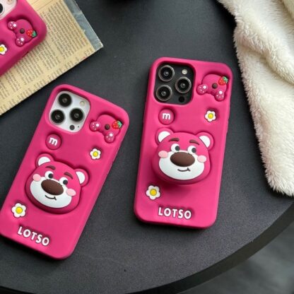 3D Bear Cartoon Pink Silicon Back Case with PopUp Holder - Image 7