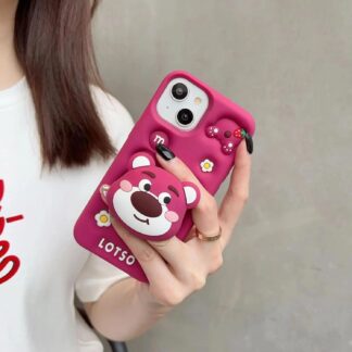 3D Bear Cartoon Pink Silicon Back Case with PopUp Holder
