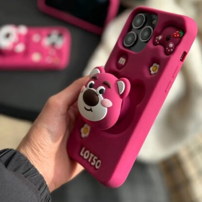 3D Bear Cartoon Pink Silicon Back Case with PopUp Holder - Image 3