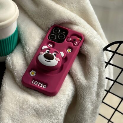 3D Bear Cartoon Pink Silicon Back Case with PopUp Holder - Image 2