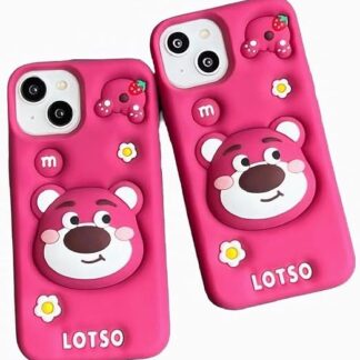 3D Bear Cartoon Pink Silicon Back Case with PopUp Holder