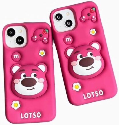 3D Bear Cartoon Pink Silicon Back Case with PopUp Holder